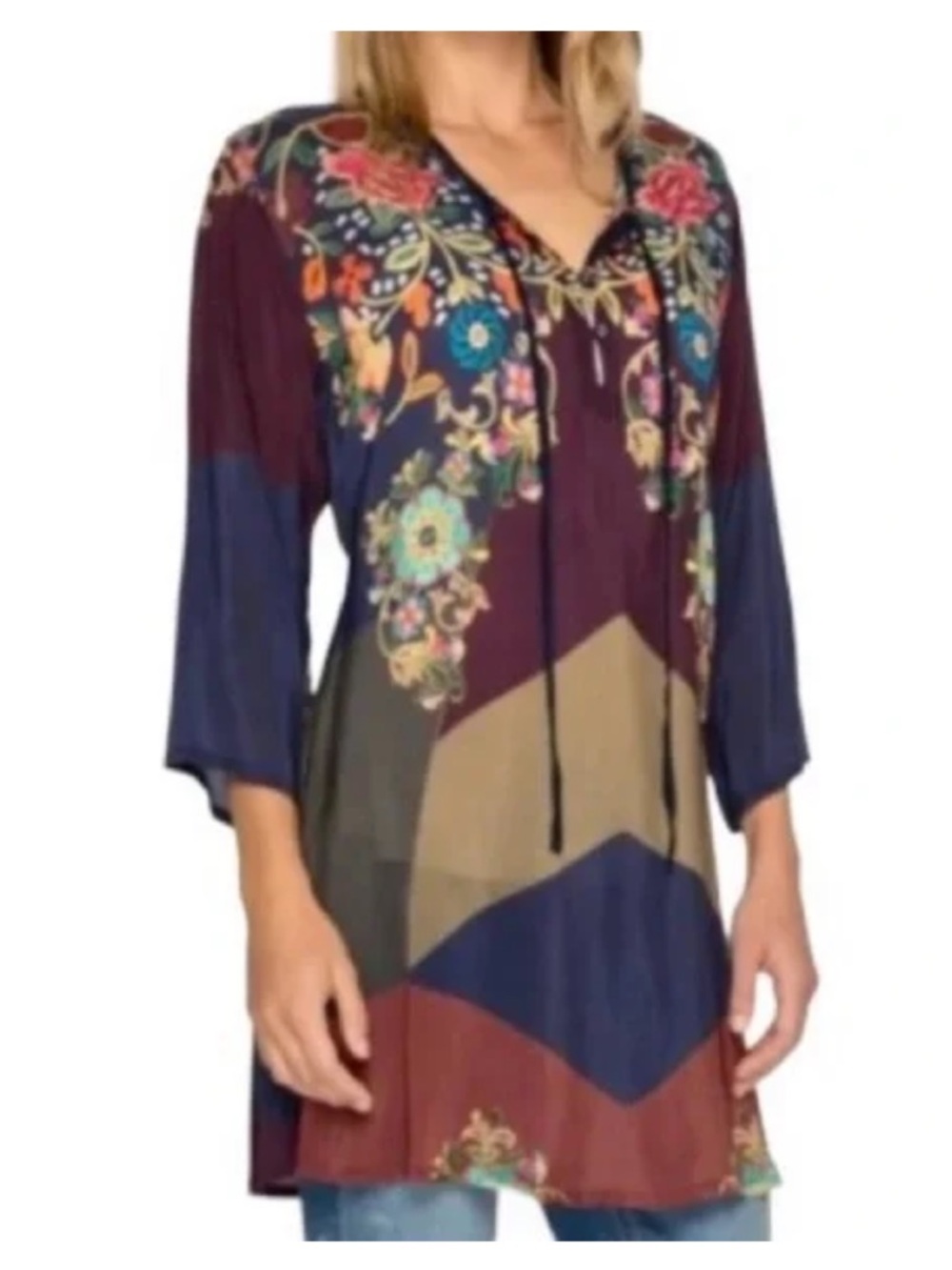JOHNNY WAS Ludios Tie Front Tunic Top Sz S Women geometric Floral 3/4 Sleeves C3